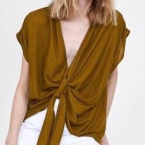 ZARA Mustard Brown Knot Tie Blouse Size L
